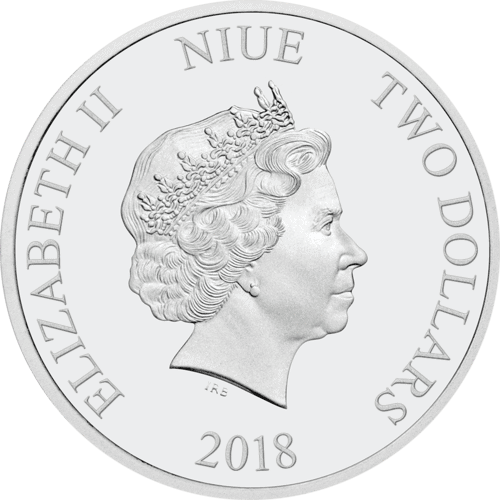 A2. Close-up of a 2018 Niue Two Dollars coin featuring Queen Elizabeth II in profile, detailed crown and inscription around the edge.