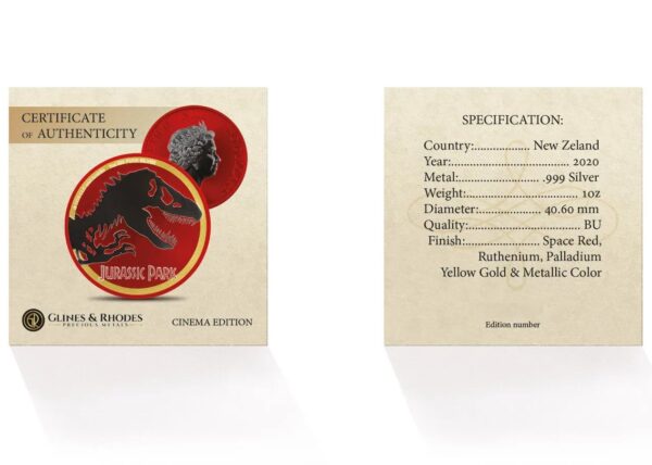 Jurassic Park collectible cinema cards featuring T-Rex logo and production credits including Steven Spielberg, Kathleen Kennedy, and John Williams.