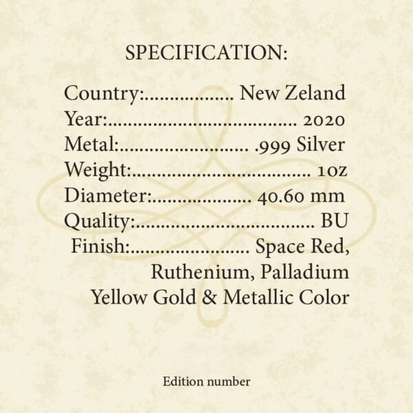 Coin specification sheet for 2020 New Zealand 1 oz silver collectible featuring BU quality and multi-metallic finish in Space Red, Ruthenium, Palladium Yellow Gold, and Metallic Color.