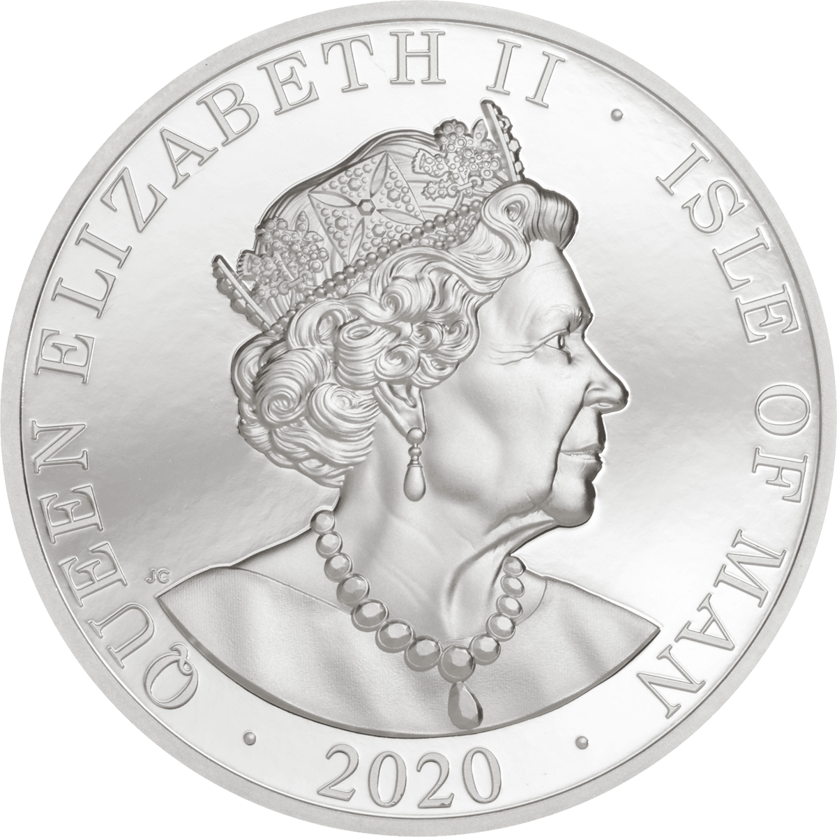 Shiny silver coin featuring Queen Elizabeth II with detailed crown, year 2020, and inscriptions of country and denomination.