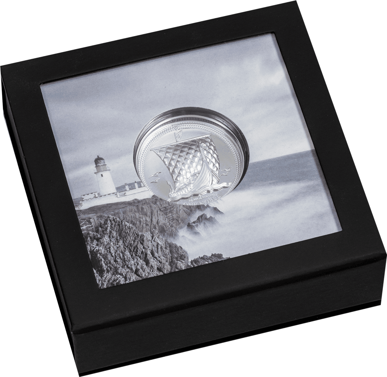 Silver Gibraltar 2022 collectible coin in black display box with lighthouse and rocky coast background.