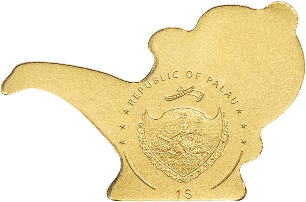 Gold coin shaped like the map of Palau with the national emblem and denomination, 1 dollar, from 2016.
