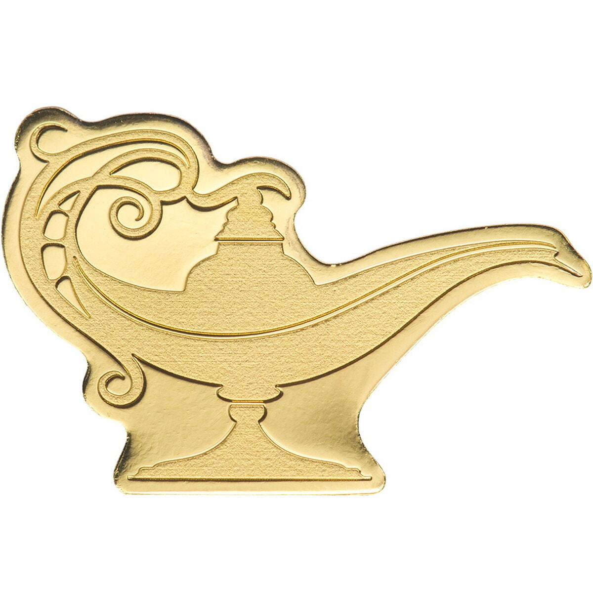 Gold-colored vintage oil lamp cutout, ornate design with curved details, likely decorative or collectible.