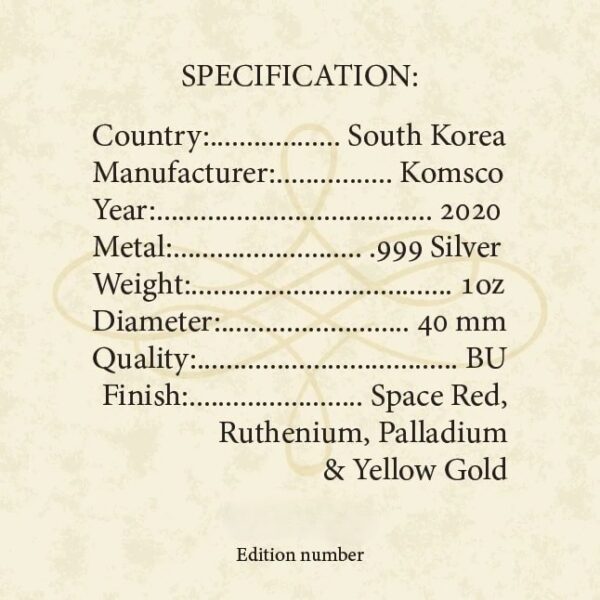 pecification certificate for 2020 South Korea Phoenix 1 oz silver coin with space red, ruthenium, palladium, and yellow gold finish; struck by KOMSCO