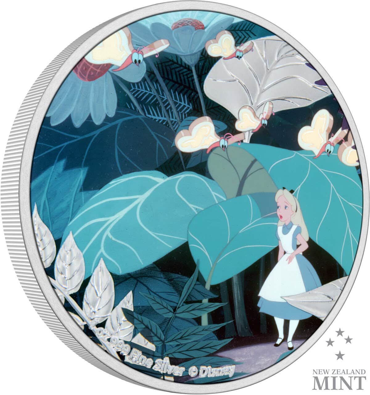Pink Alice in Wonderland 2023 New Zealand Silver Coin with colorful illustration of Alice and flying butterflies in a lush garden scene.