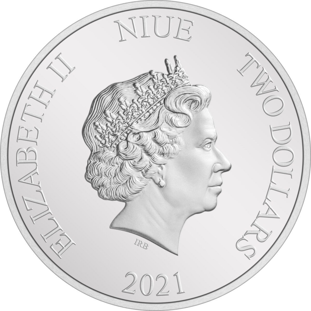 2021 Niue two dollar coin featuring Queen Elizabeth II portrait with detailed crown and hair profile.