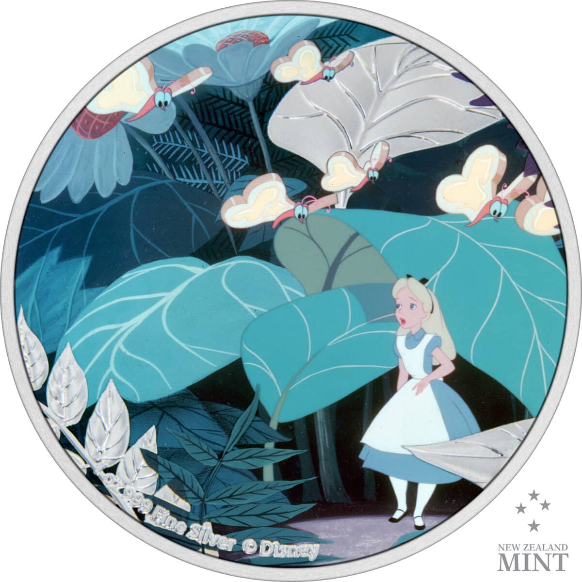 Enchanted Forest Alice and the Caterpillar collectible silver coin featuring Disney artwork, vibrant jungle scene with Alice, large leaves, and caterpillar characters from Disney's Alice in Wonderland.