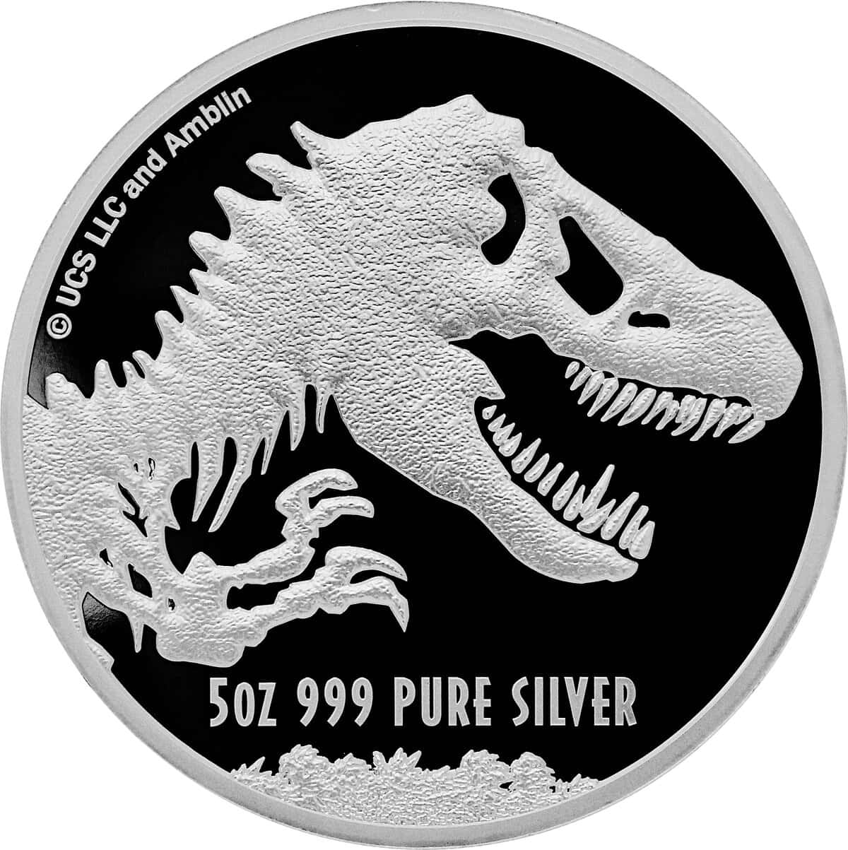 1. Dinosaur T-Rex collectible silver coin from the USA with detailed relief and inscriptions.