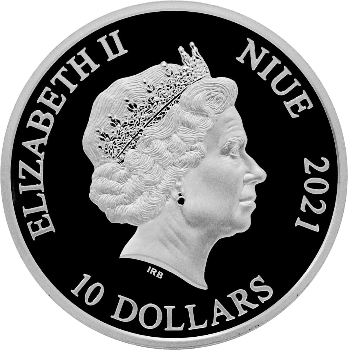 Queen Elizabeth II coin, 10 dollars, Niue, 2021, featuring a profile of Queen Elizabeth II wearing a crown.