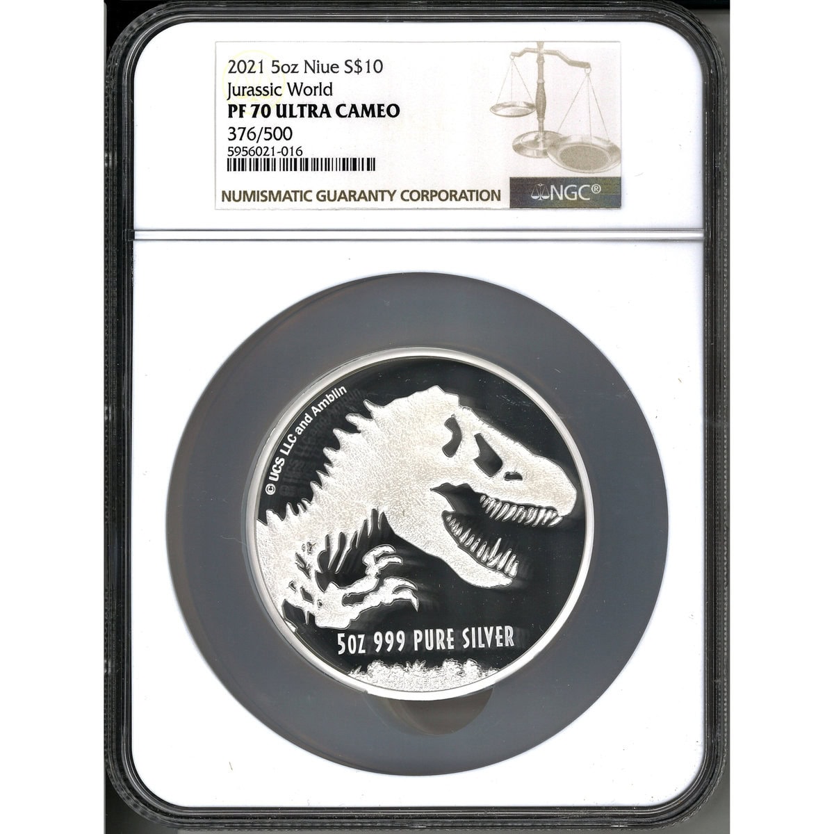 2021 Niue 5oz Silver S10 Jurassic World T-Rex coin, graded PF70 Ultra Cameo, number 376 of 500, encapsulated in protective case.