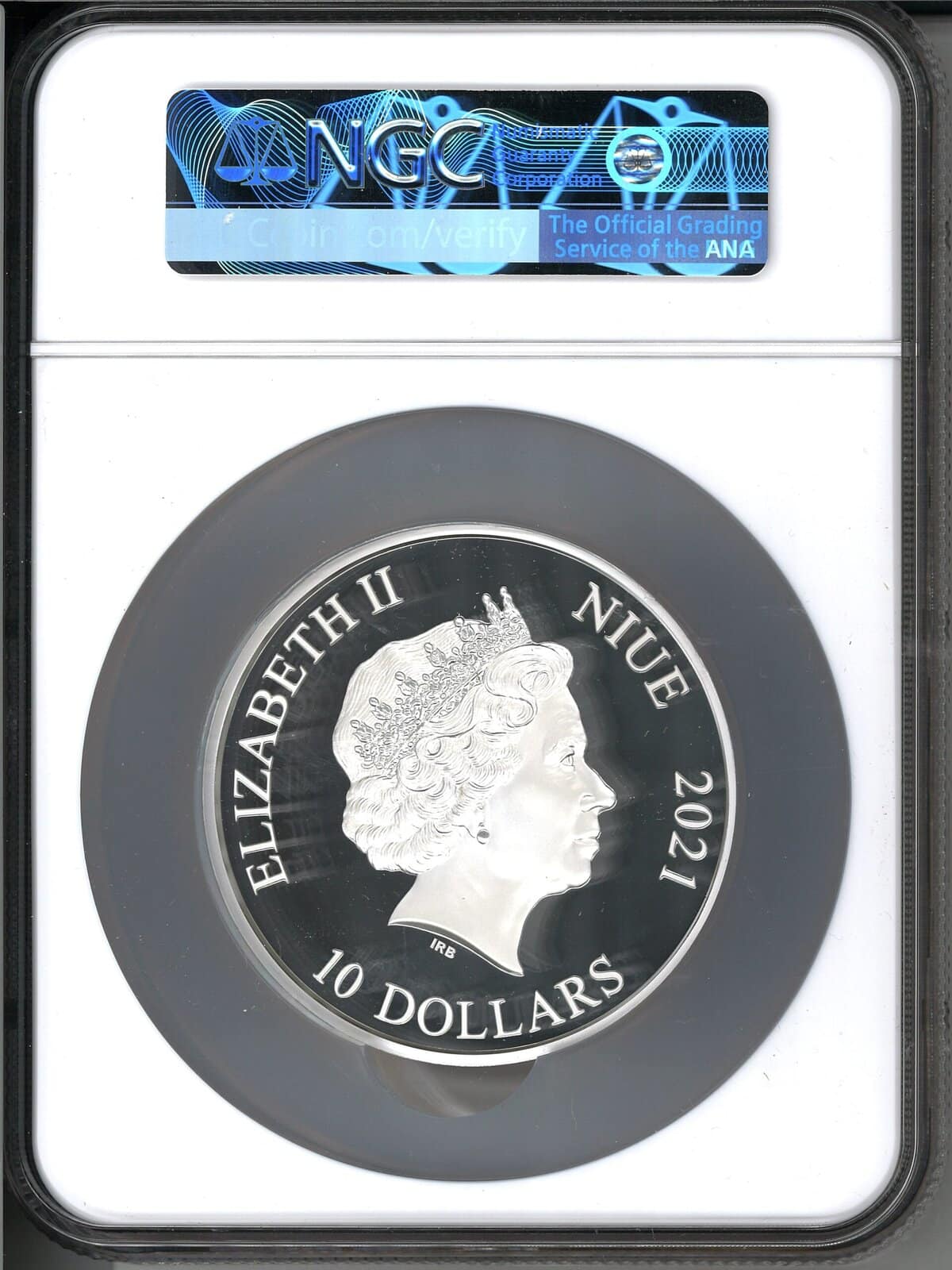 Shiny silver coin featuring Queen Elizabeth II in profile with the inscription "Elizabeth II Nuwe 2021 10 Dollars," commemorating the year 2021, high value collectible currency from an unspecified country.