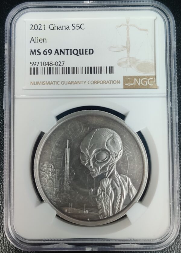 2021 Ghana Alien 1oz Silver Antiqued Coin MS 69