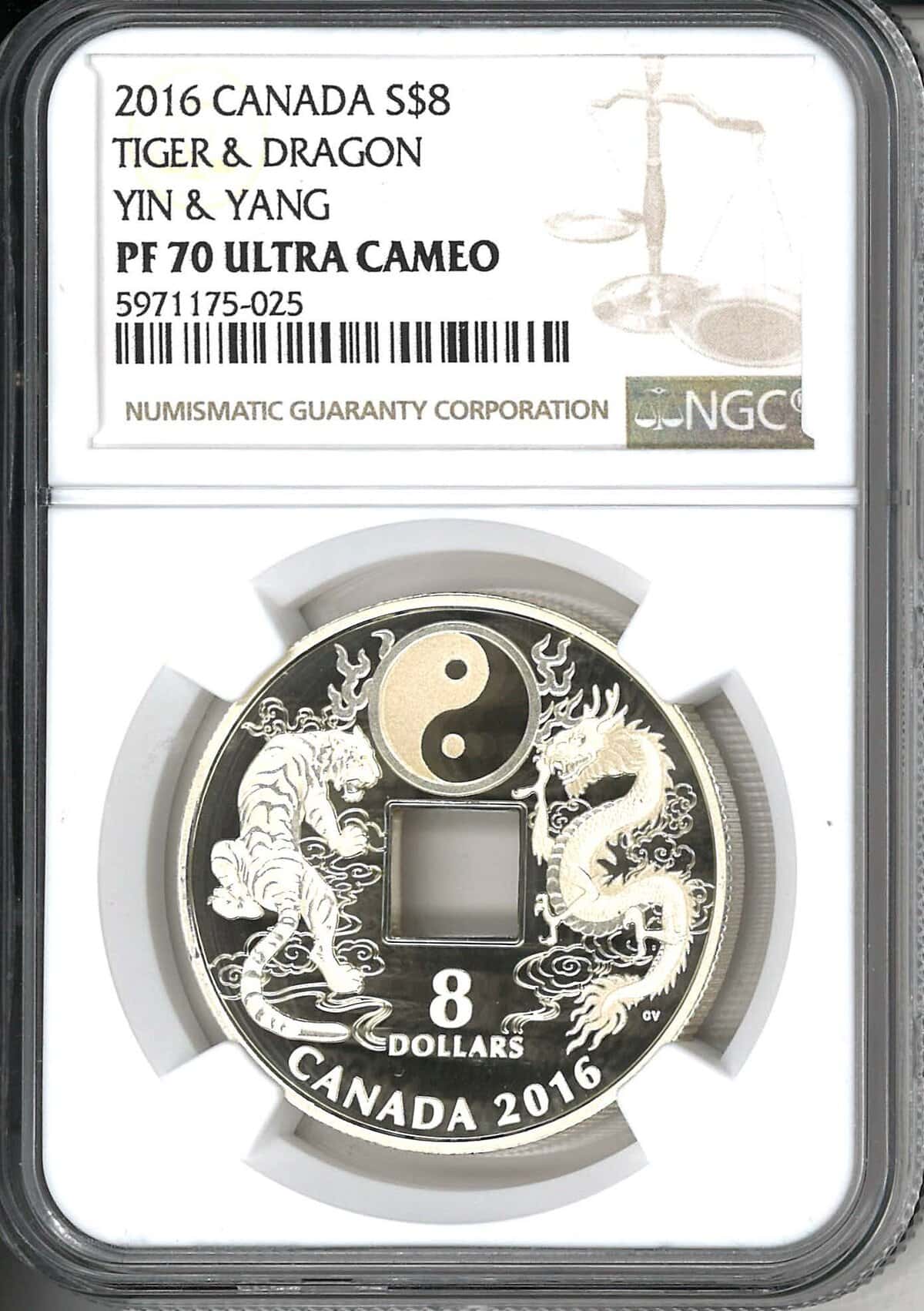 Yin and Yang coin featuring a tiger and dragon from Canada, 2016, with an 8-dollar denomination, graded PF 70 Ultra Cameo, encapsulated for protection and authenticity.