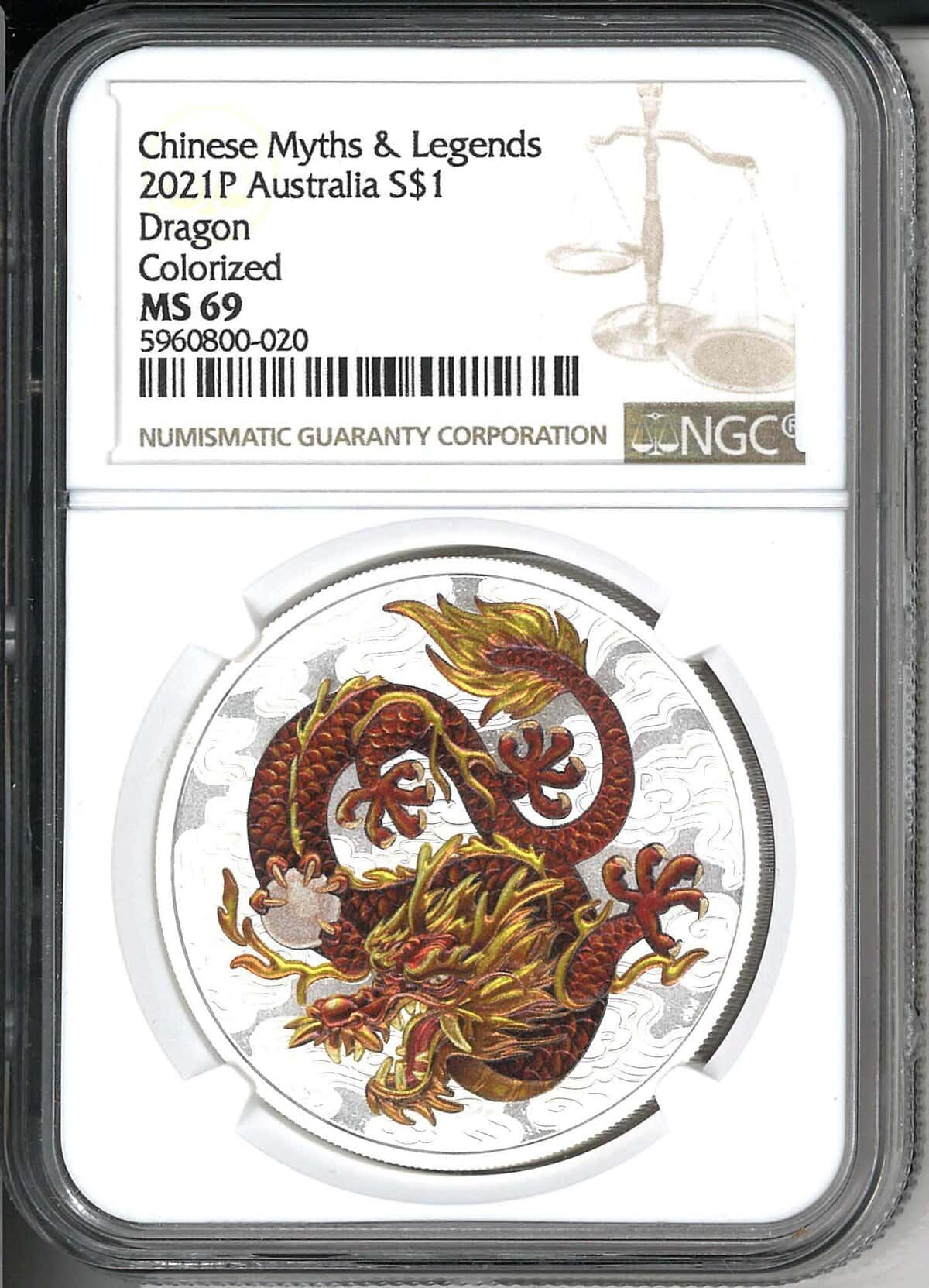 2021 Australia Chinese Myths & Legends S$1 Dragon colorized coin, graded MS 69, featuring an intricate dragon design.