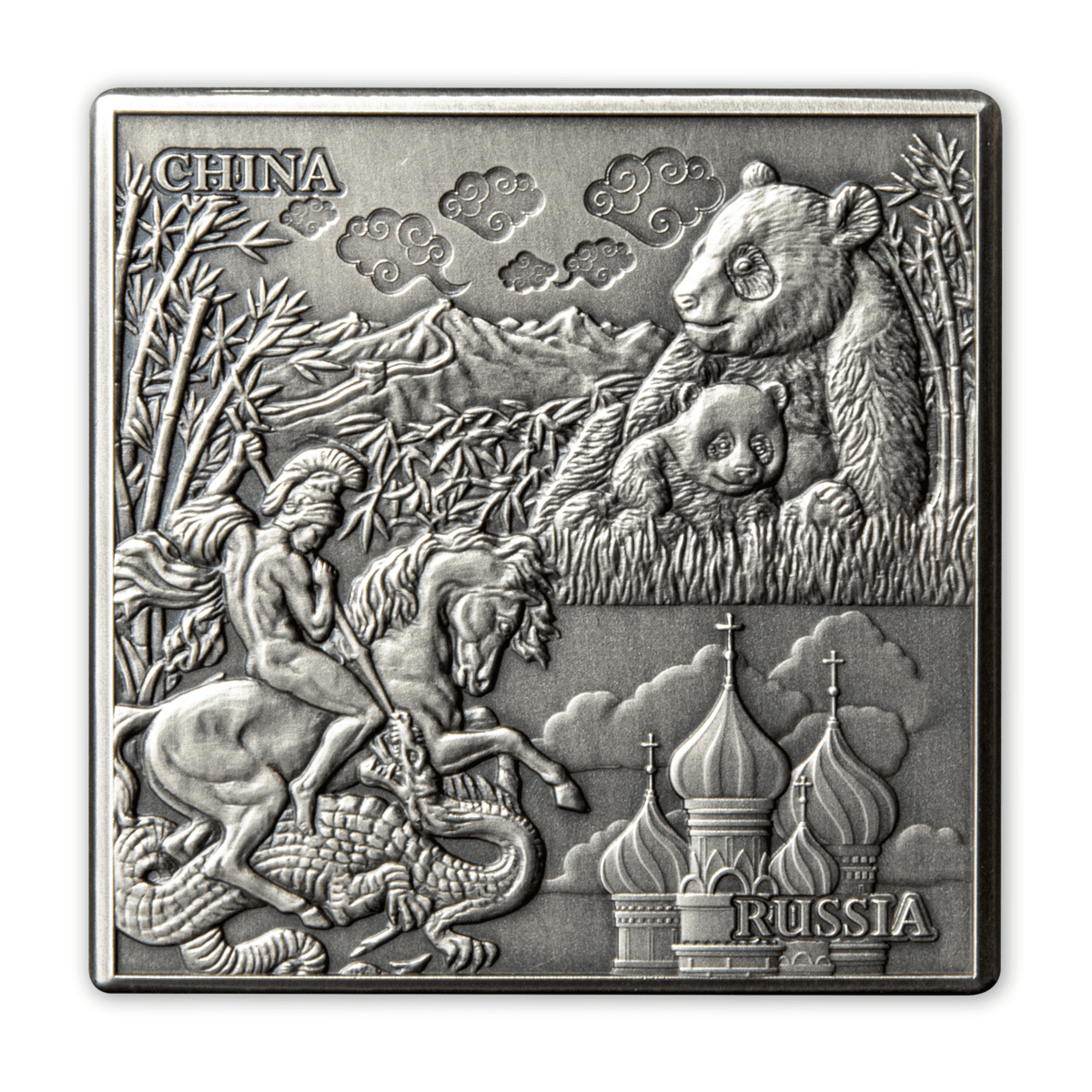 Intricately detailed silver collectible coin featuring Chinese cultural symbols, including a panda, mountain landscape, and traditional architecture; labeled "CHINA" and "RUSSIA.".