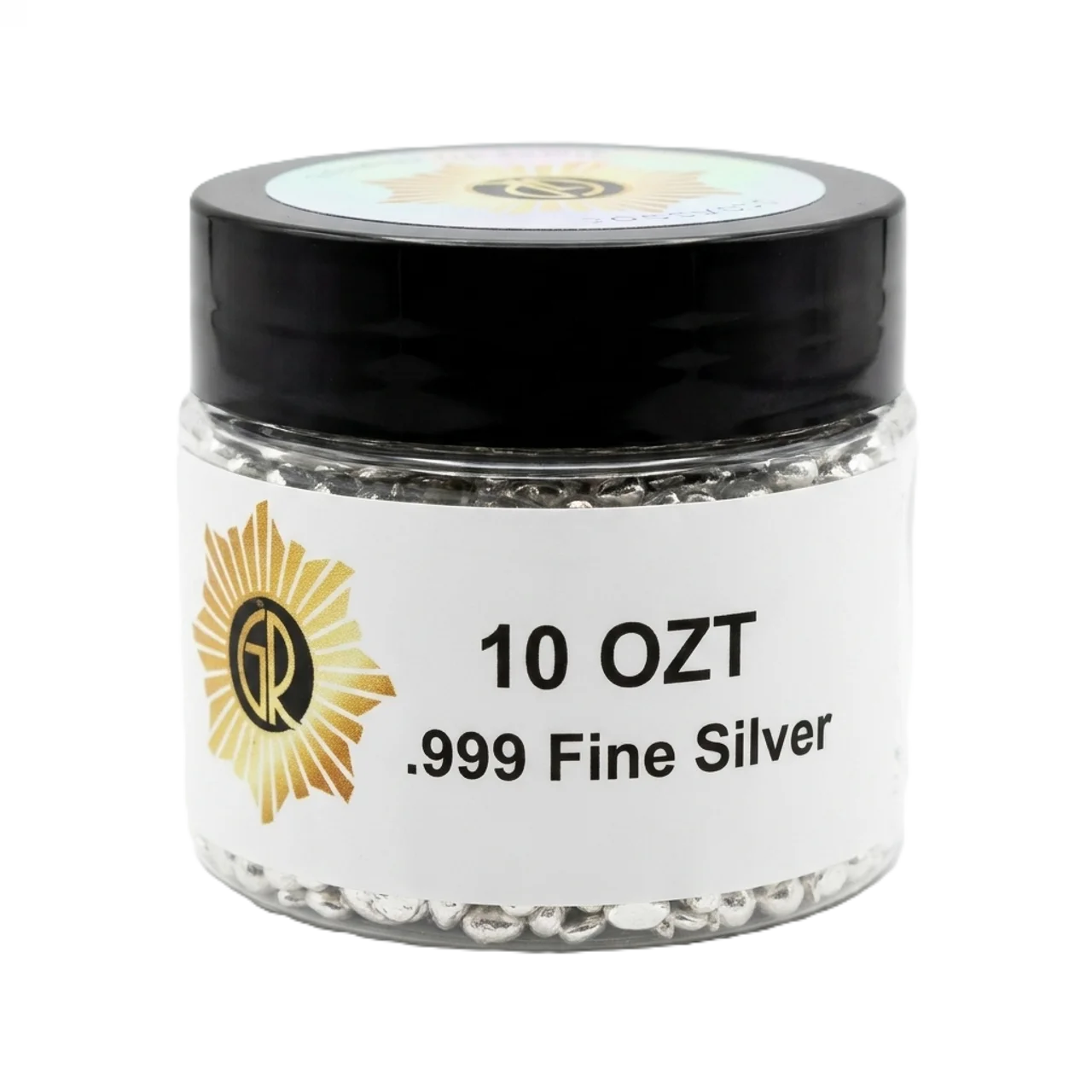 Bright angle view of 10 oz .999 fine silver grain, minted in 2023, no background, showcasing purity and craftsmansh.