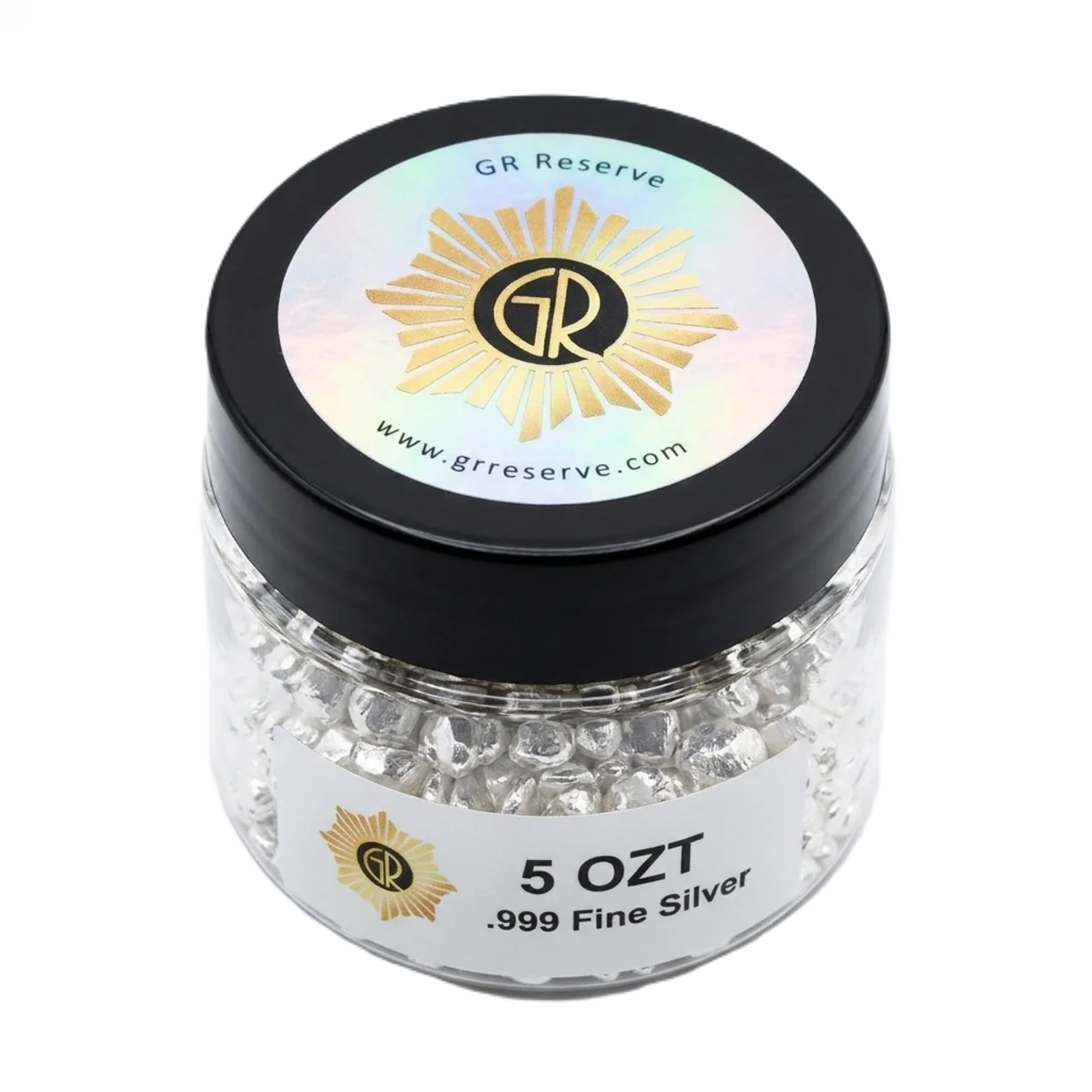 Shiny silver grain top view, 2023, minted by GR Reserve, 5 oz of .999 fine silver, with a sleek black lid and gold.