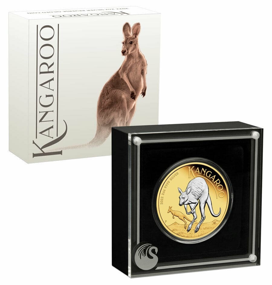 Australian Kangaroo 2022 Silver Coin, proof, in display case with box, front view.