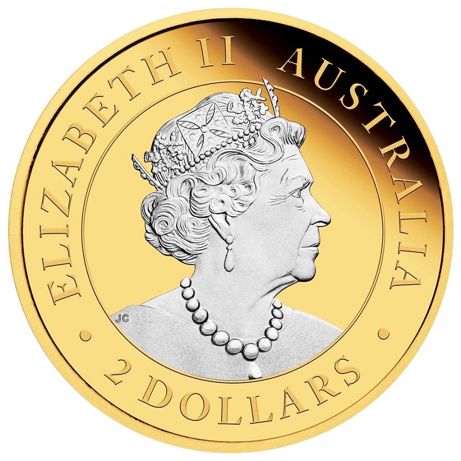 Queen Elizabeth II Australian $2 coin with detailed portrait and royal crown, gold and silver tones, collectible legal tender coin.