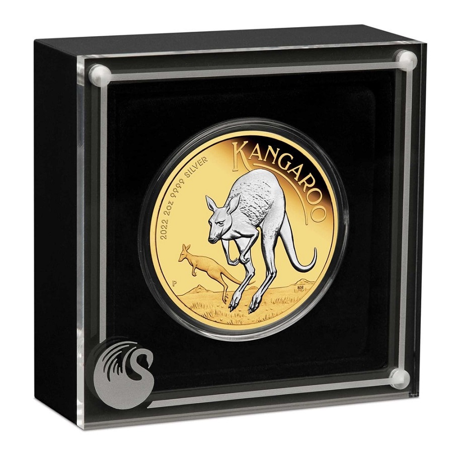 Kangaroo gold coin, 2022 Australia 2 oz silver proof coin featuring kangaroo design in display case.