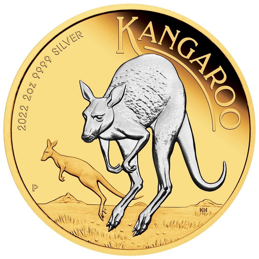 Kangaroo coin with silver and gold details 2022, country of Kenya, denomination 50 shillings, collectible silver coin featuring a detailed kangaroo design.