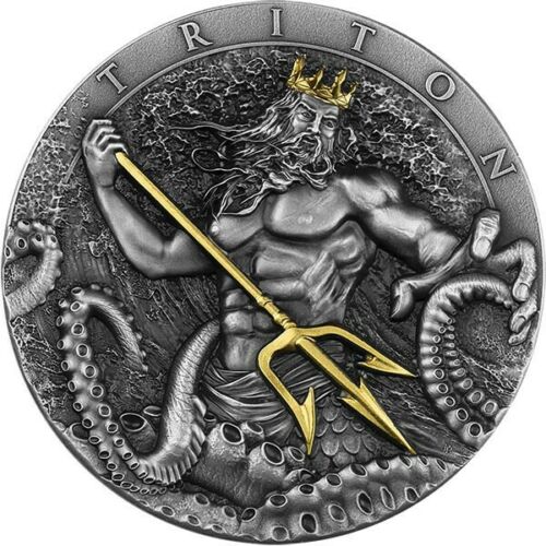 Intriguing coin featuring Neptune with a trident, crowned and surrounded by octopus tentacles, commemorates maritime mythology.