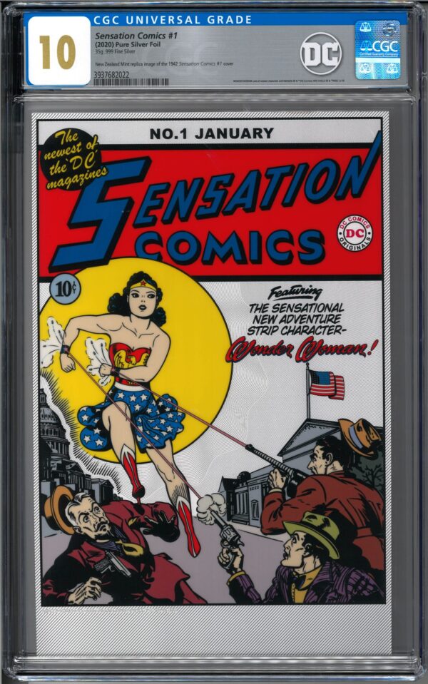 A full-size image of the front cover of a graded comic book, Sensation Comics #1, featuring an early depiction of Wonder Woman. The comic is encapsulated in a protective plastic slab with a grading label from CGC.