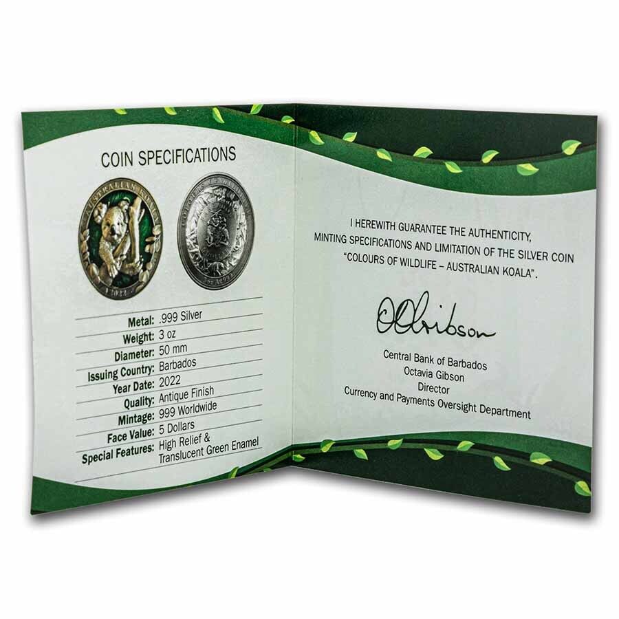 2022 Barbados Colors of Wildlife Australian Koala 3oz Silver Antiqued Coin