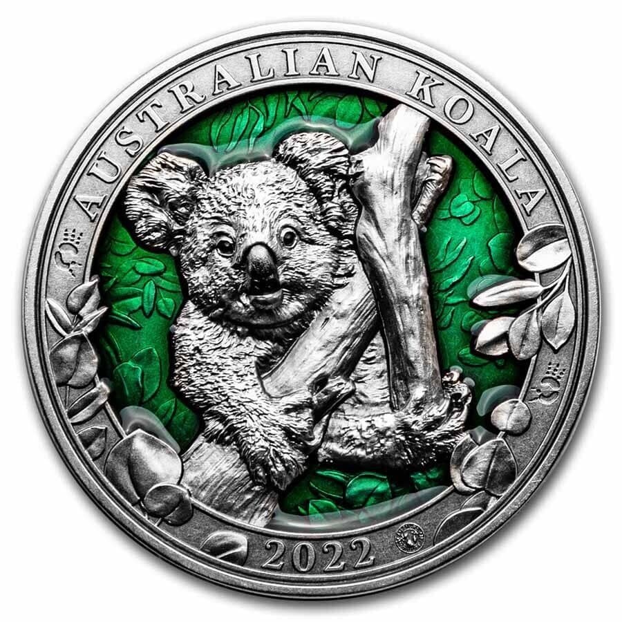2022 Barbados Colors of Wildlife Australian Koala 3oz Silver Antiqued Coin