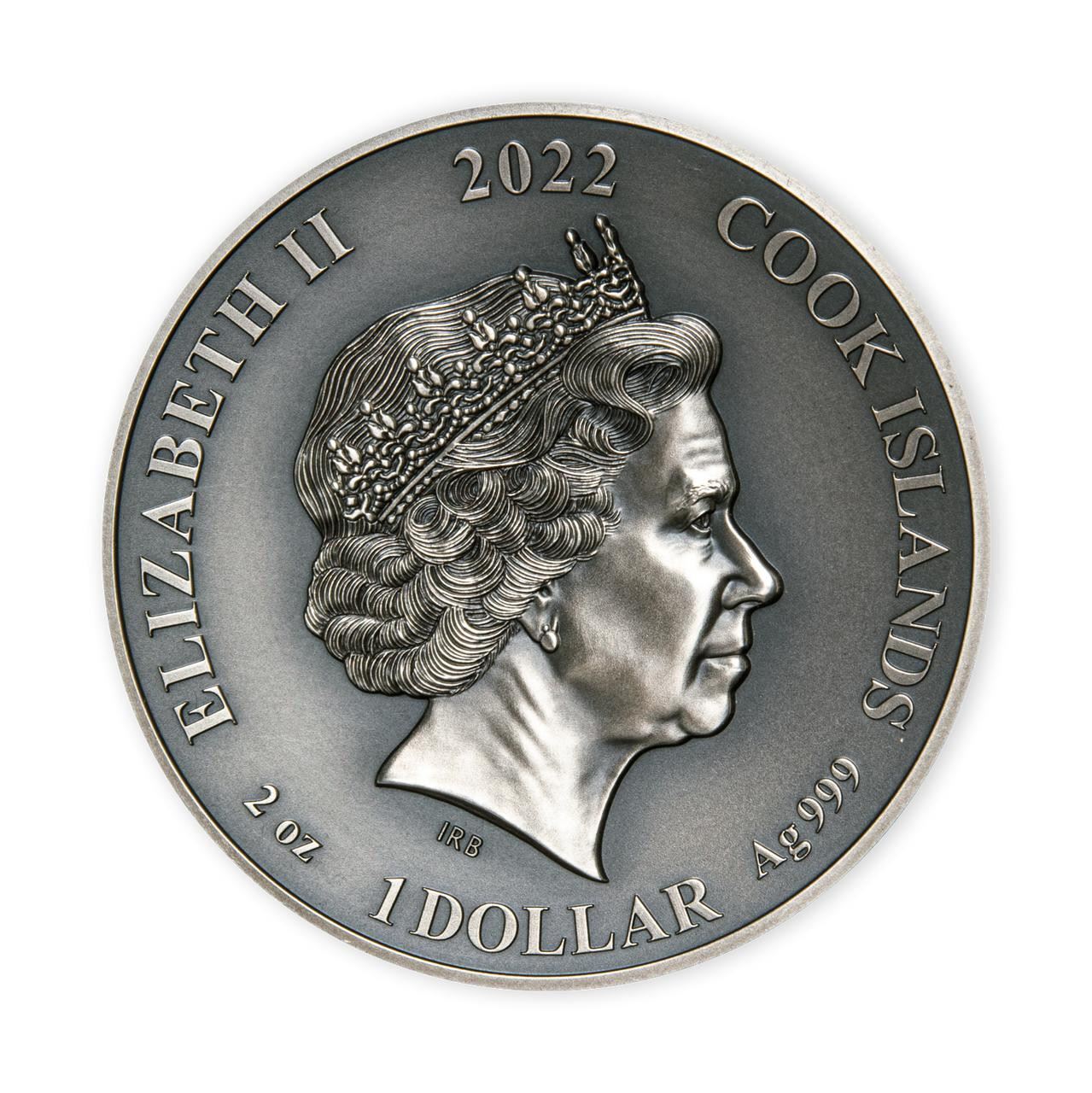 2022 Elizabeth II Coin, Cook Islands Silver Dollar featuring a detailed portrait of Queen Elizabeth II.