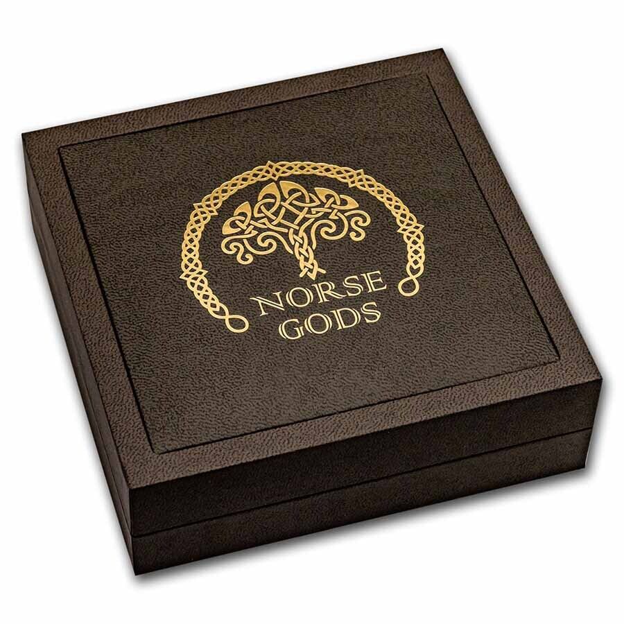 Intricate Norse Gods collectible coin in a luxurious wooden display box, featuring detailed Nordic design and gold accents, perfect for collectors.