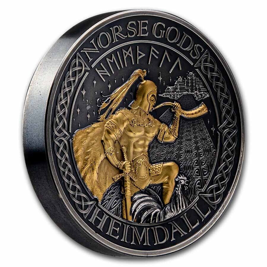 Nordic Viking coin featuring a detailed gold and black design, with Norse mythology symbols and runes around the edge.