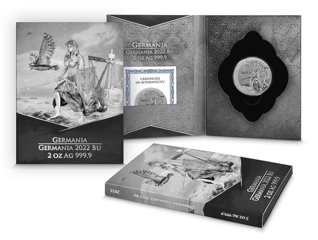 Rare collectible Germanium coin from Germany 2022 BU, 2 oz, 999.9 silver, inside official packaging with Certificate of Authenticity and presentation box.
