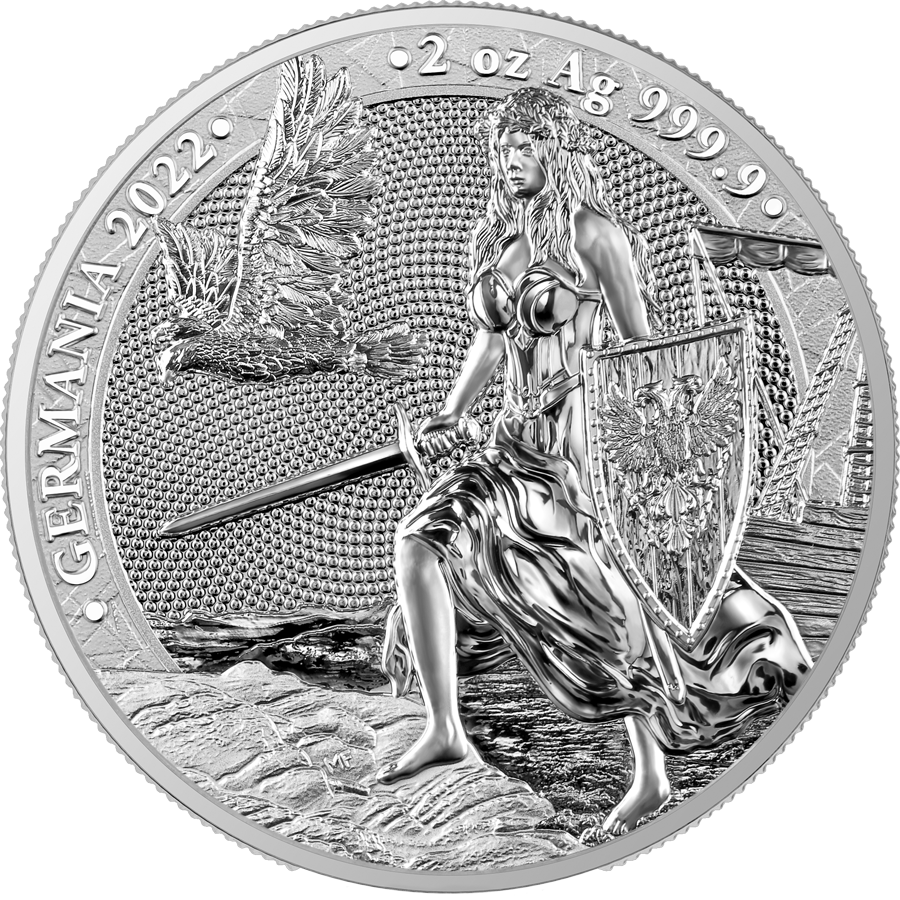 2. Silver coin featuring a medieval warrior woman with a sword and shield, eagle, and a ship in the background, inscribed with "GERMANIA 2022" and weight "2 oz Ag 999.9".