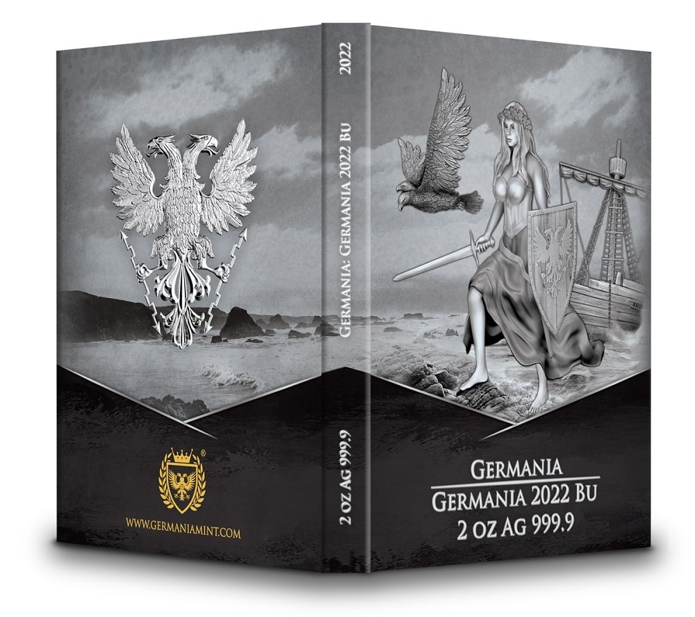 Intricate grey-scale illustration of Germania 2022 BU 2 oz silver coin featuring a mythological female warrior with a shield, sword, and eagle, with historical ships and seascape background.