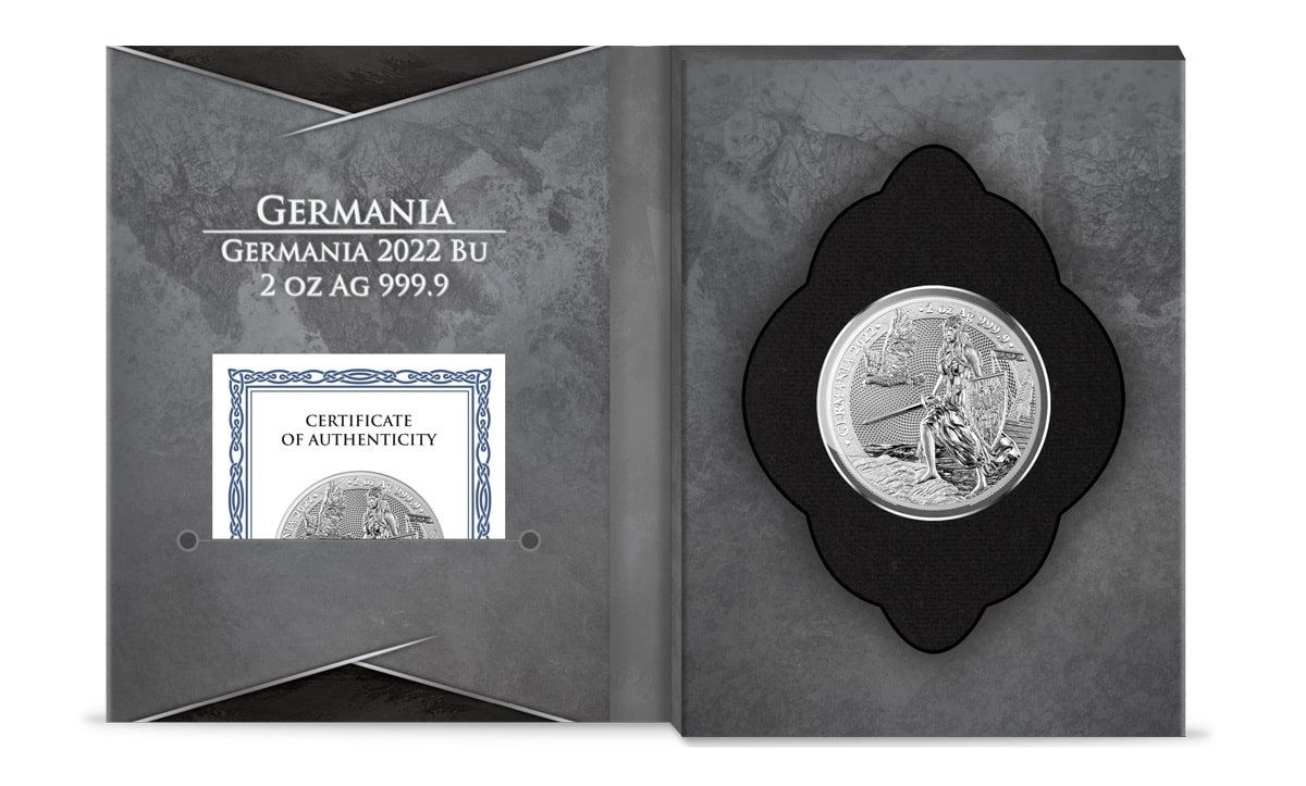 Germany 2022 BU 2 oz silver coin with Certificate of Authenticity depicting a historical scene.