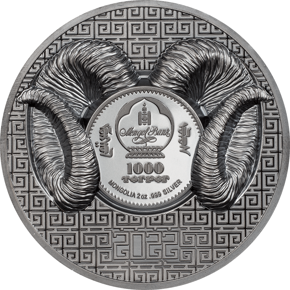 Bronze and silver Mongolian coin featuring ram's horns, intricate geometric border, and Mongolian inscriptions; high-value collectible with 1000 tögrög denomination, minted with .999 silver in 2023.