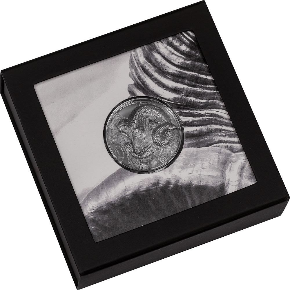 Vintage 2023 United States Silver Coin with Ram Horns in Display Case.