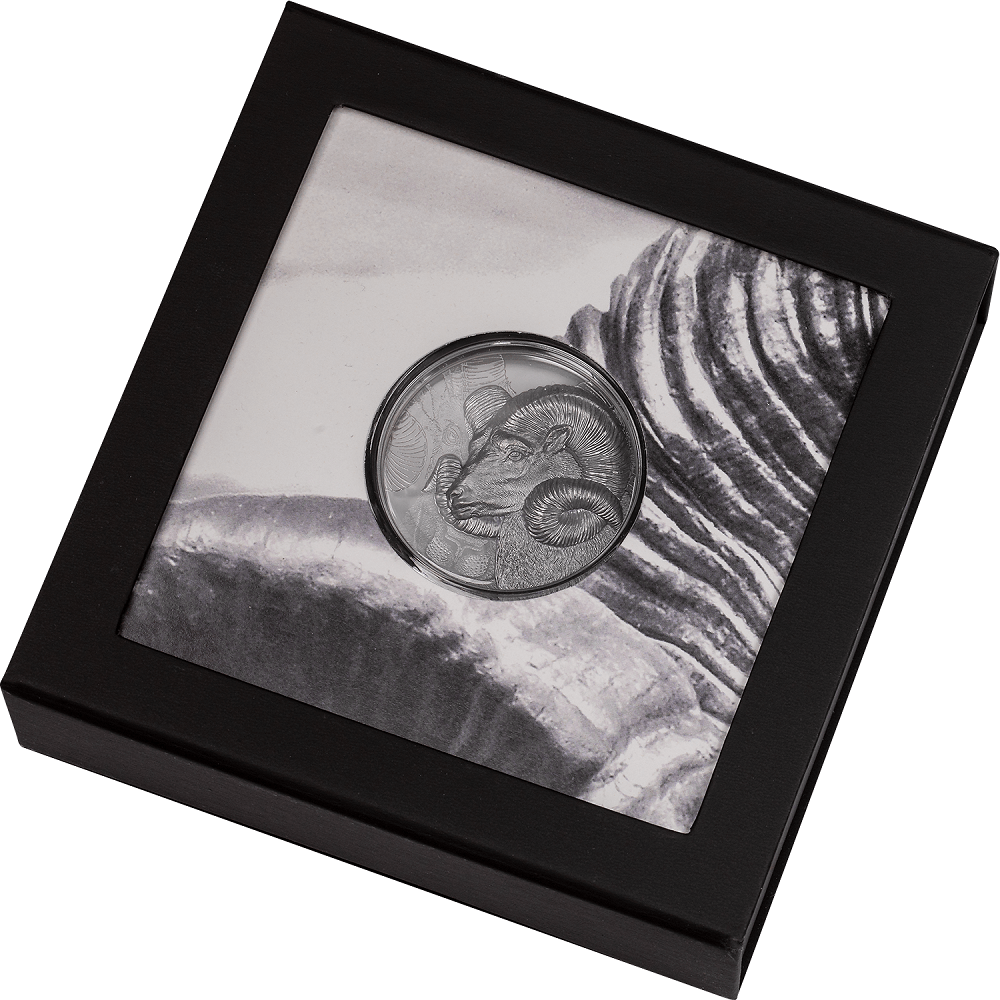 Ram Horned Sheep coin from 2021, silver, collectible wildlife-themed coin in black display box.