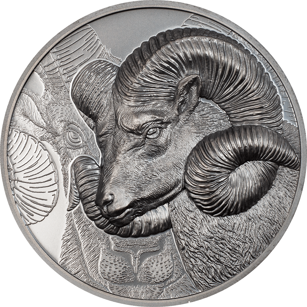 Ram's head gold-plated coin, 2023, Mongolia, 1 oz silver bullion coin featuring intricate ram design on a textured background.