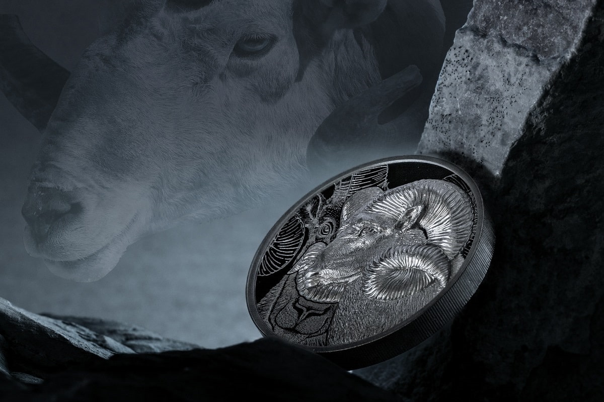 2019 France silver coin featuring a ram's head with intricate details and textured design.
