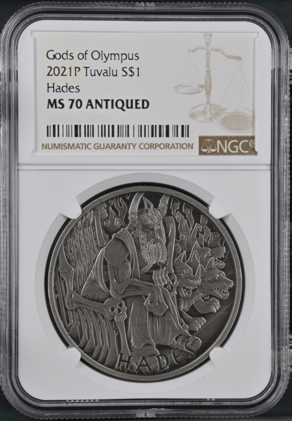 2021 Tuvalu Gods of Olympus Hades 1oz Silver Antiqued Coin NGC MS 70