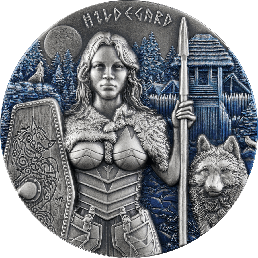 2022 Germania Valkyries: Hildegard 2oz Silver Antique Finish Coin