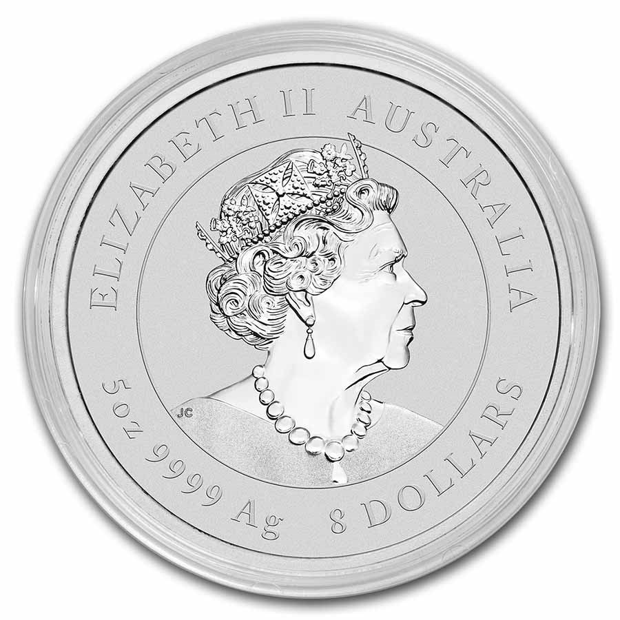 2023 Australia Queen Elizabeth II Silver Coin, 8 Dollars, 50g, 9999 Silver, Side Profile of Queen Elizabeth II wearing a crown, inscribed with country name, denomination, year, weight, and silver purity.