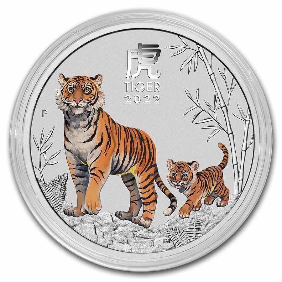 Tiger 2022 coin, silver collectible from China featuring detailed tiger illustration and bamboo motifs. Also called the Year of the Tiger coin, ideal for collectors interested in zodiac-themed currency.