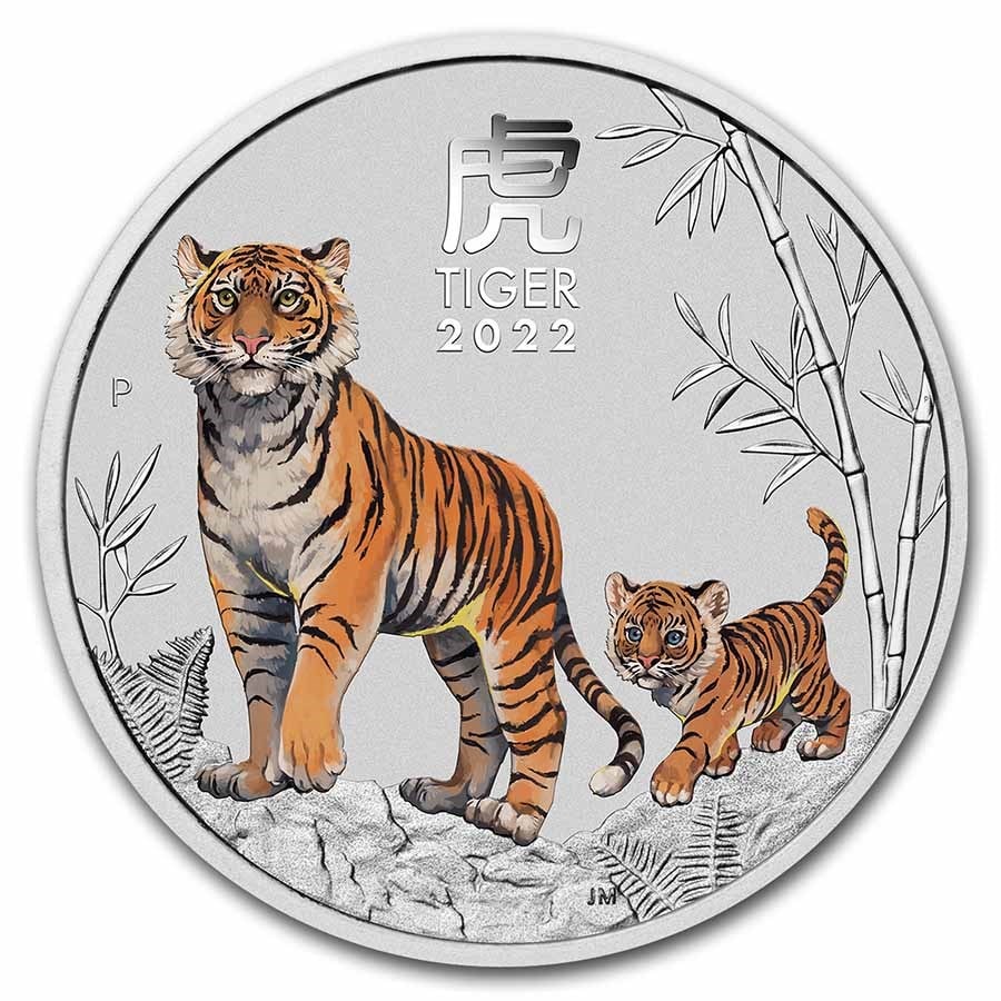 2022 China Tiger Silver Coin with detailed tiger and bamboo illustration, showcasing craftsmanship and annual zodiac symbolism.