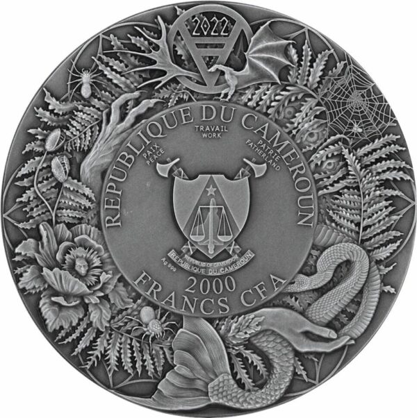 2022 Cameroon Slavic Bestiary Francs Domovik 3oz Silver Antiqued Coin - Image 2