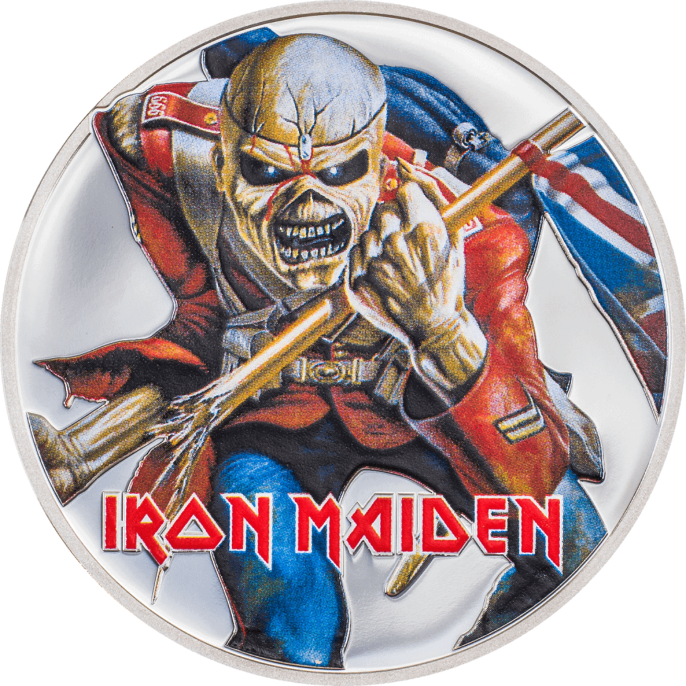 Skull-faced soldier holding a flag and spear, detailed vintage Iron Maiden themed coin, highlighting bold colors and iconic metal band imagery.
