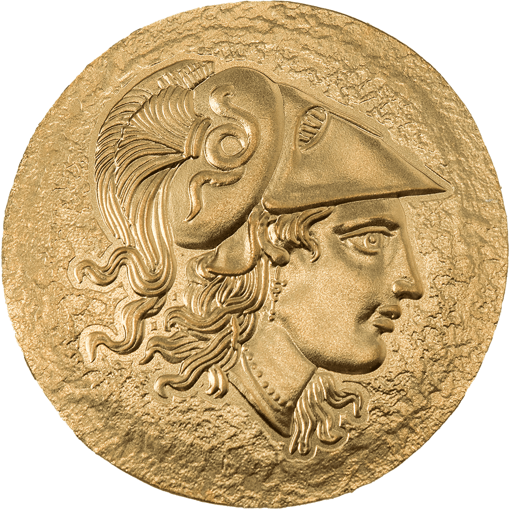 Ancient Greek coin featuring a detailed profile of a warrior with a helmet, gold coloration, and intricate design, reflecting classical artistry and historical significance.