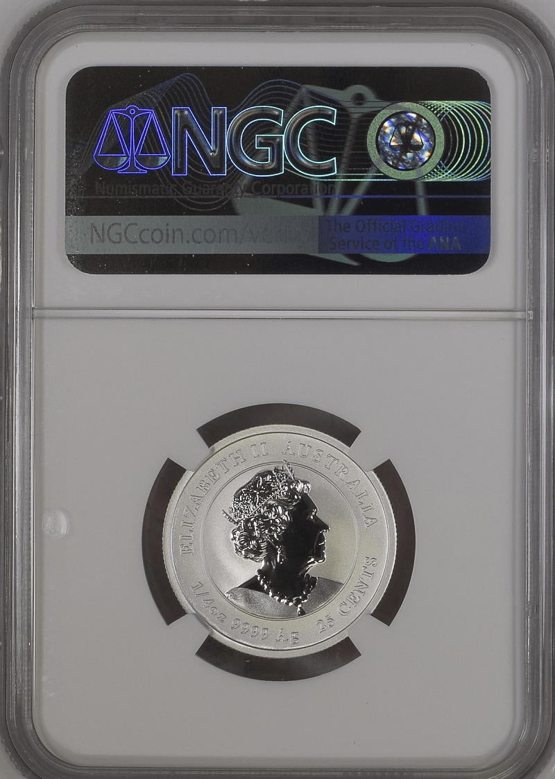 NGC certified 25 cents Australian coin featuring Queen Elizabeth II, 2011, silver, collectible coin in protective slab, known for its numismatic value and limited mintage.